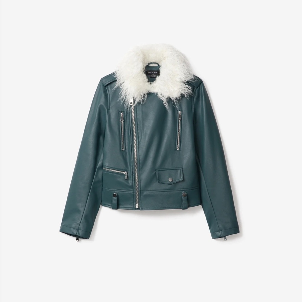 Noize Teal Leather Jacket with White Faux Fur Collar